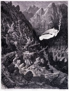 De oude man met een beurs en zijn stok die in een vijandig landschap loopt, wordt overtroffen door een engel die een vuurspies zwaait, Plaat VII - Illustratie door Gustave Doré, voor La légende du Juif errant door Pierre Dupont, editie Librairie du magasin door Gustave Dore