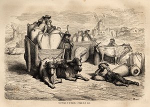 De tinajas van het Kanaal, het gebruik van deze enorme aardewerken kruiken vervangt het gebruik van vaten en hun gebruik is zeer oud. Gravure ter illustratie van de reis naar Spanje door Gustave Dore (1832-1883) illustrator en Baron Ch. Davillier reactor,  door Gustave Dore