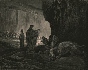 Toen mijn gids, zijn handpalmen op de grond uitbreidend, c1890 door Gustave Dore