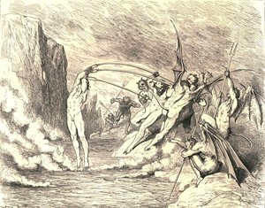 Dit gezegd hebbende, grepen ze hem met meer dan honderd haken, c1890 door Gustave Dore