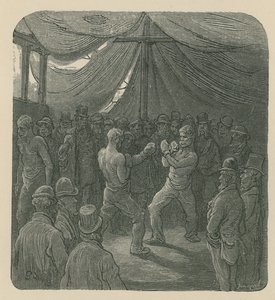 Twee mannen boksen terwijl een menigte toekijkt door Gustave Dore