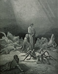 Vergilius (70-19 v.Chr.) en Dante kijken naar de spinnenvrouw, illustratie uit 