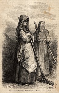 de arenlezers van Estremadure, met hun grote houten harken om het deel van de oogst op te rapen dat na de oogst op de velden was achtergebleven. Gravure ter illustratie van de reis naar Spanje door Gustave Dore (1832-1883) illustrator en Baron Ch. Davillie door Gustave Dore