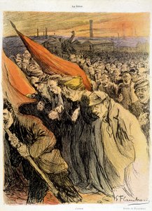Gebogen menigte met rode vlaggen, "La Grève" door Flaschoën, begin 20e eeuw.