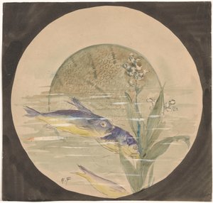 Ontwerp voor een bord met drie blauw-gele, omlaagzwemmende vissen bij een waterplant door Gustave Fraipont (signed by artist)