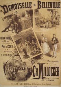 Poster voor La Demoiselle de Belleville, komische opera, libretto door Charles Nuitter en Alexandre Beaumont, muziek door Karl Millocker, Tekening door Gustave Fraipont, Tellier uitgeverij, Parijs