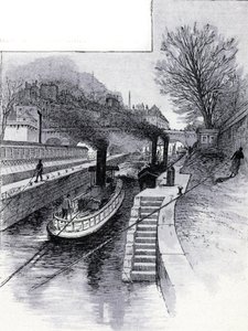 Sleepboten bij de sluis op de rivier de Seine voor het Hôtel des Monnaies, Parijs Tekening door Gustave Fraipont (1849-1923) uit Saint-Juirs door Gustave Fraipont