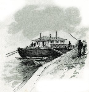 Uitzicht op de boot waar handelaren de tol van de Seine betaalden om goederen te mogen importeren, quai de Bercy in Parijs