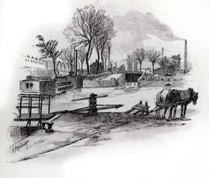 Uitzicht op het kanaal Saint-Denis en quai de la Gironde in La Villette, Parijs Tekening door Gustave Fraipont (1849-1923) uit Saint-Juirs door Gustave Fraipont