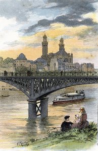 Uitzicht op de voetgangersbrug van Passy (nu brug van Bir Hakeim) in Parijs. Tekening door Gustave Fraipont (1849-1923) uit Saint-Juirs door Gustave Fraipont