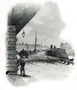 Uitzicht op de hangars van de haven van La Villette in Parijs Tekening door Gustave Fraipont (1849-1923) uit 