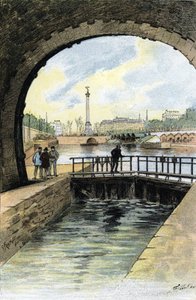 Uitzicht op de sluis van Canal Saint Martin in Parijs. Tekening door Gustave Fraipont (1849-1923) uit 