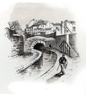 Vue de la Bievre près des Gobelins, Parijs. Tekening door Gustave Fraipont (1849-1923) uit 