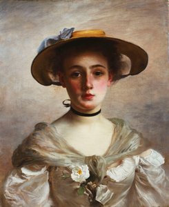 Portret van een jong meisje met een strohoed door Gustave Jacquet
