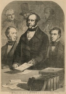 Lord Palmerston legt een kopie van het Vredesverdrag op de tafel van het Lagerhuis door Gustave Janet