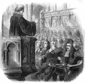 Peter de Grote (1672-1725), Russische tsaar, met zijn haar in de pruik van de burgemeester tijdens een bezoek aan een Nederlandse kerk in 1716. Gravure door Gustave Janet door Gustave Janet