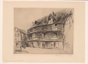 Straat met huizen en wandelaars in Chartres door Gustave Leheutre (signed by artist)