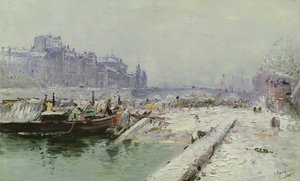 Île de la Cité Onder Sneeuw door Gustave Madelein
