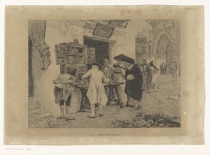 Mannen verzameld rond de uitstalling van een boekhandelaar door Gustave Marie Greux