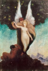Imaginair tafereel met antiek onderwerp. Gevleugelde ephebe met w door Gustave Moreau