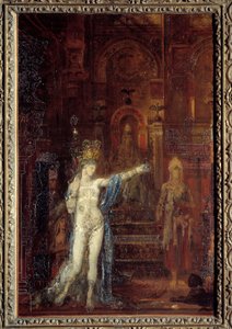 Salome danst in de feestzaal van Herodes. Herodes, zittend op een hoge troon, is gefascineerd door de schoonheid van de magiër door Gustave Moreau