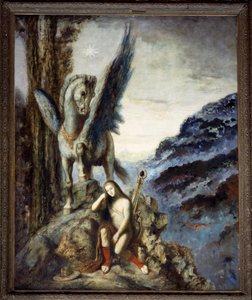 De reiziger dichter Een mediterende, nadenkende reiziger bij het gevleugelde paard Pegase. Schilderij door Gustave Moreau door Gustave Moreau