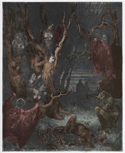 Inferno, Canto 13: De Harpijen in het bos van zelfmoordenaars, illustratie uit De Goddelijke Komedie van Dante Alighieri, 1885 (digitaal ingekleurde gravure) door Gustave after Dore