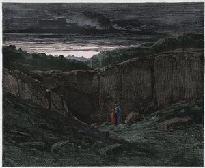 Inferno, Canto 3: Vergilius en Dante bij de poorten van de hel, illustratie uit De Goddelijke Komedie van Dante Alighieri, 1885 (digitaal ingekleurde gravure) door Gustave after Dore