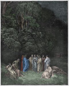 Inferno, Canto 4: Homerus, de dichters en helden in Limbo, illustratie uit De Goddelijke Komedie van Dante Alighieri, 1885 (digitaal ingekleurde gravure) door Gustave after Dore