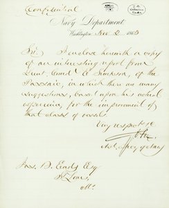 Brief ondertekend door G.V. Fox, Ministerie van Marine, Washington, aan Jas. B. Eads [James B. Eads], St. Louis, Mo., 2 november 1863 door Gustavus Vasa Fox