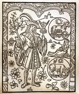 Herderkalender - De Arbeid van de Maanden - April - Houtsnede uit het boek van 1496 gedrukt door Guy Marchant (Guido Mercator) in Troyes - Houtsnede in 