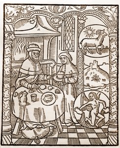 Herderkalender - De Arbeid van de Maanden - Januari - Houtsnede uit het boek van 1496 gedrukt door Guy Marchant (Guido Mercator) in Troyes - Houtsnede in 