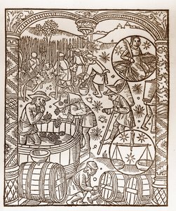 Herderkalender - De Arbeid van de Maanden - Oktober - Houtsnede uit het boek van 1496 gedrukt door Guy Marchant (Guido Mercator) in Troyes - Houtsnede in 