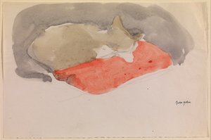 Kat Slapend op een Rode Kussen door Gwen John