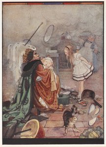 Een chaotische keukenscène met de hertogin die een als baby verklede varken draagt en met Alice praat terwijl de kok keukengerei gooit. door Gwynedd M. Hudson