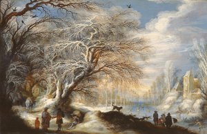 Schaatsers op een kanaal of, Winterlandschap door Gysbrecht Lytens or Leytens