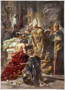 De Doop van Sint Stefanus (ca. 970-1038), Heilige en Eerste koning van Hongarije - gedoopt door Sint Adalbert van Praag. Naar een werk van Gyula Benczur - De Hongaarse prins Vajk wordt gedoopt door Sint Adalbert van Praag en neemt de naam Stefanus aan (Sin
