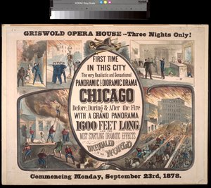 Advertentie voor een panoramisch en dioramisch drama over de brand van Chicago in 1871 in Griswold Opera House, 1878