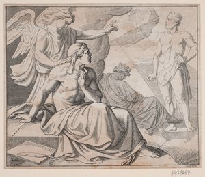 Allegorisch blad. Een engel legt zijn hand op de schouder van een man en wijst naar een standbeeld door H. C. Henneberg