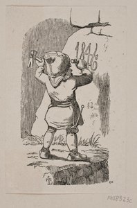 Een kabouter hakt het jaartal 1846 in een rots door H. C. Henneberg