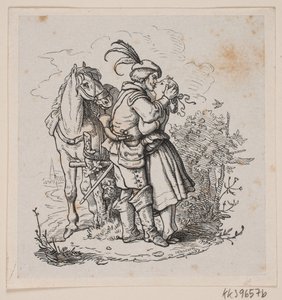 Een ruiter kust een jong meisje door H. C. Henneberg