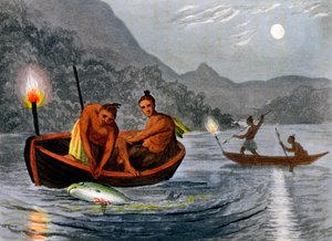 Inheemse Amerikanen vissen met fakkellicht in Noord-Amerika, 1813 door H Merke