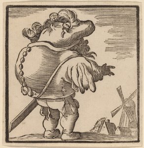 Gebochelde die naar een windmolen kijkt door H. Numan after Jacques Callot