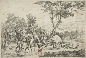 Boeren steken een beek over met hun kudde door H. Pielmans