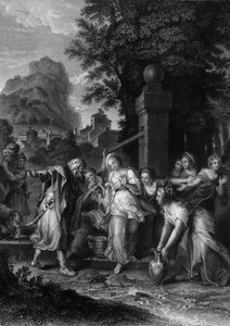 De ontmoeting van Eliezer en Rebecca bij de bron, 19e eeuw door H. Robinson