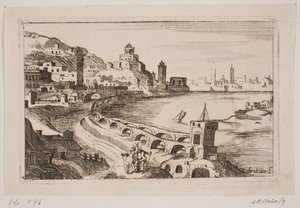 Rivierbank met oosterse stad