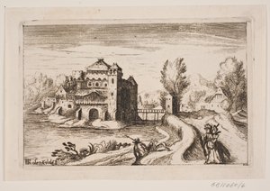 Rivierlandschap met kasteel op een heuvel door H. Rosenkilde