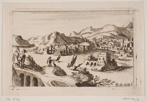 Kustlandschap met oosterse gebouwen