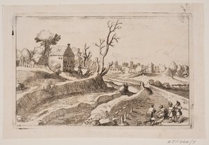Landschap met kapel met een klein kruis op de gevel door H. Rosenkilde
