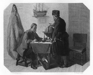 Willem Barents en Jacob van Heemskerk plannen hun route, 1596 ca. 1870 door H. Sluyter